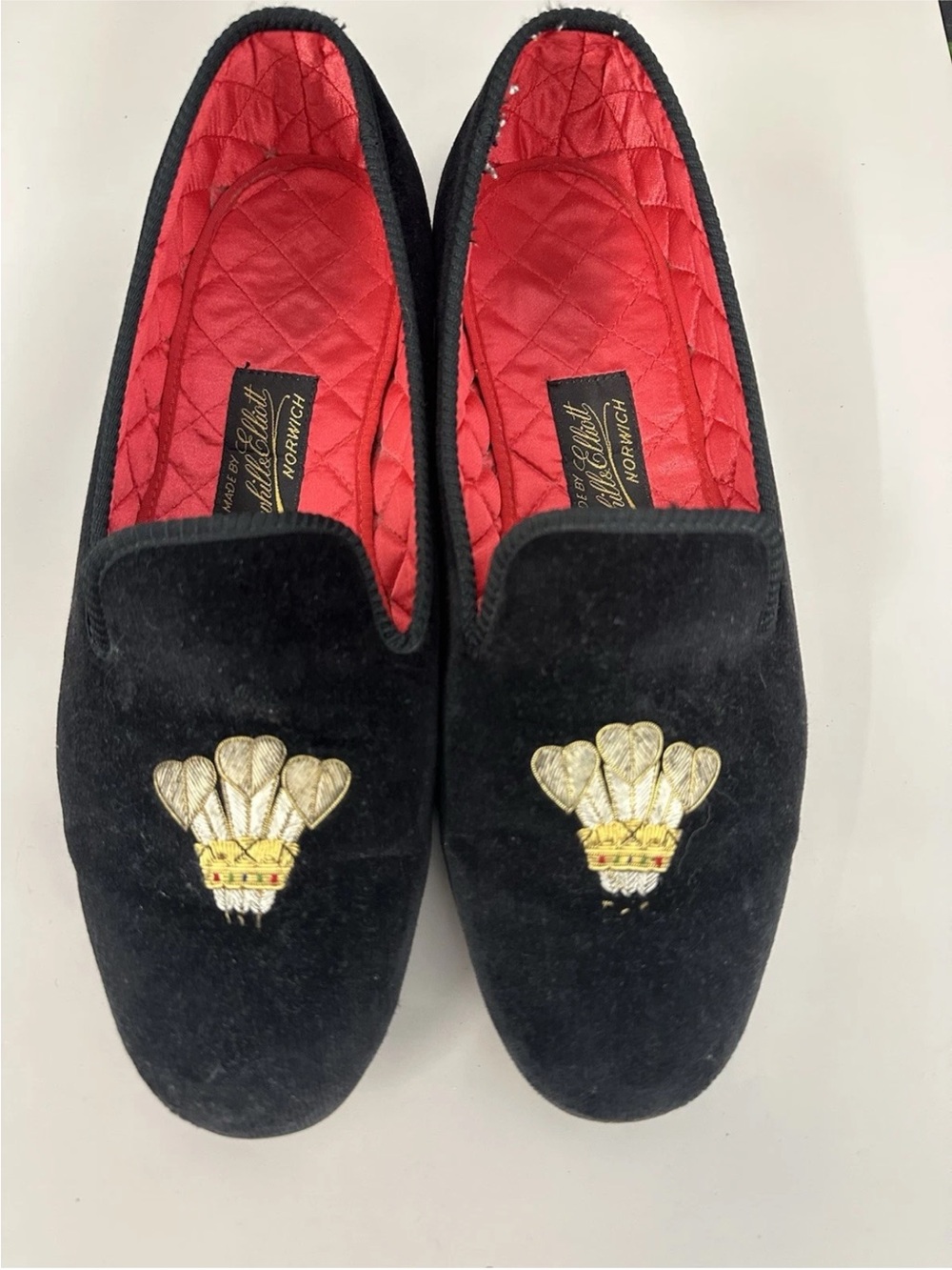 Black Velvet Women's Embroidered Crest Loafers - Red Quilted Lining